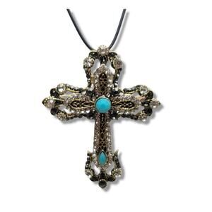 Gold tone multicolor Crystal Cross Brooch Pendant